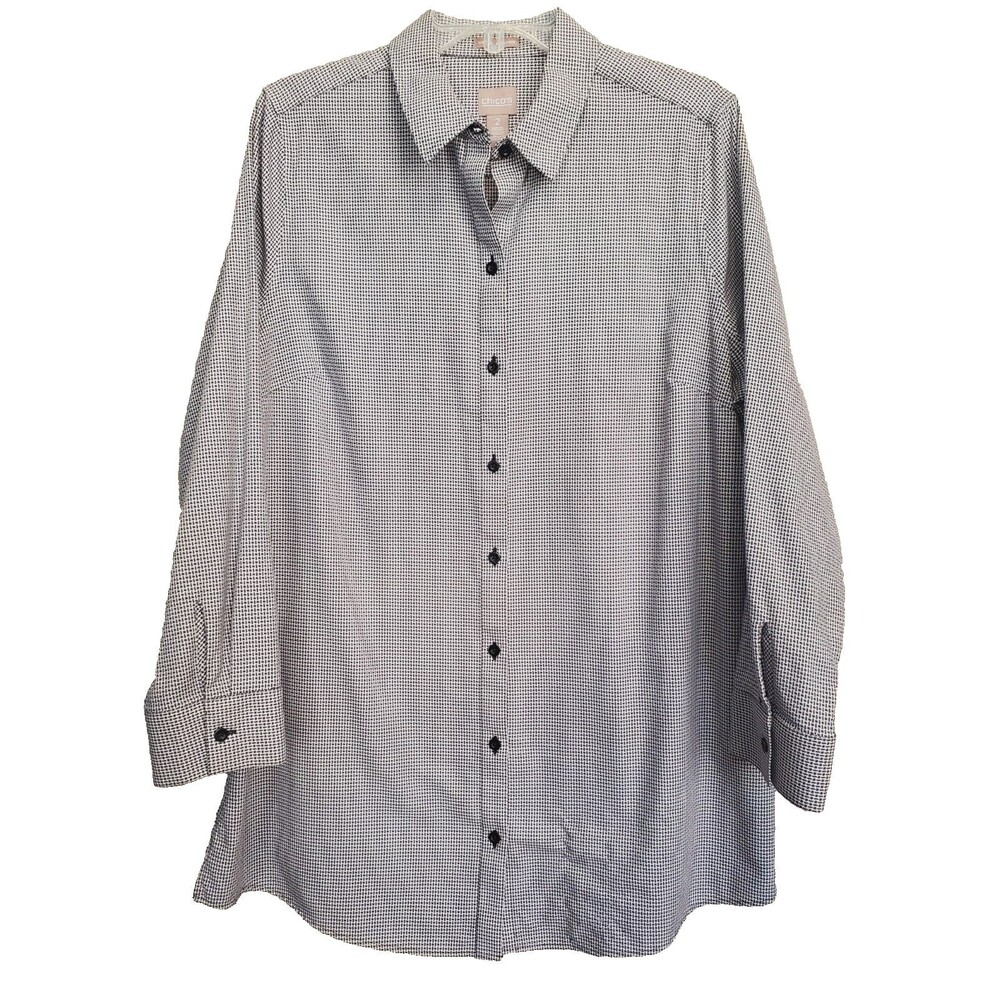 Chico's Cotton Wrinkle Resistant Black Long Sleeve Button-Up Tunic Size 2 Large